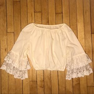 Reworked vintage top with gorgeous lace sleeves. Sz L - can work for M.